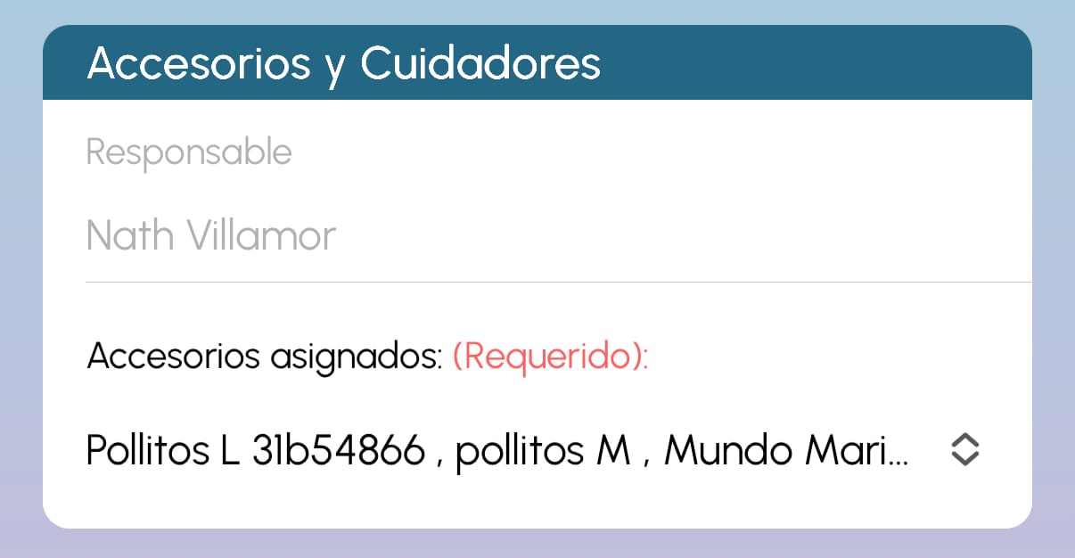 Sección de Accesorios y Cuidadores en la app